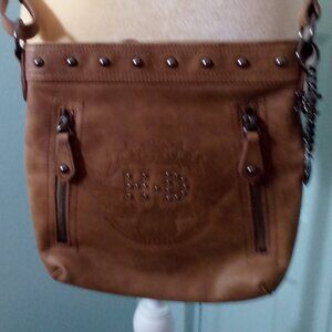 LEATHER CROSSBODY BAG PURSE CHARMS STUDS LEOPARD SATIN LINING POCKETS ZIPPERS